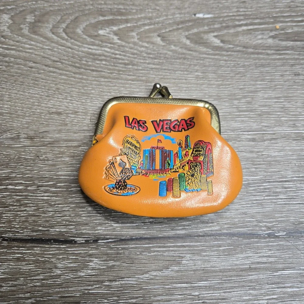 Vintage Las Vegas Casino Souvenir Orange Vinyl Coin Purse Brass Kiss Clasp Pouch
